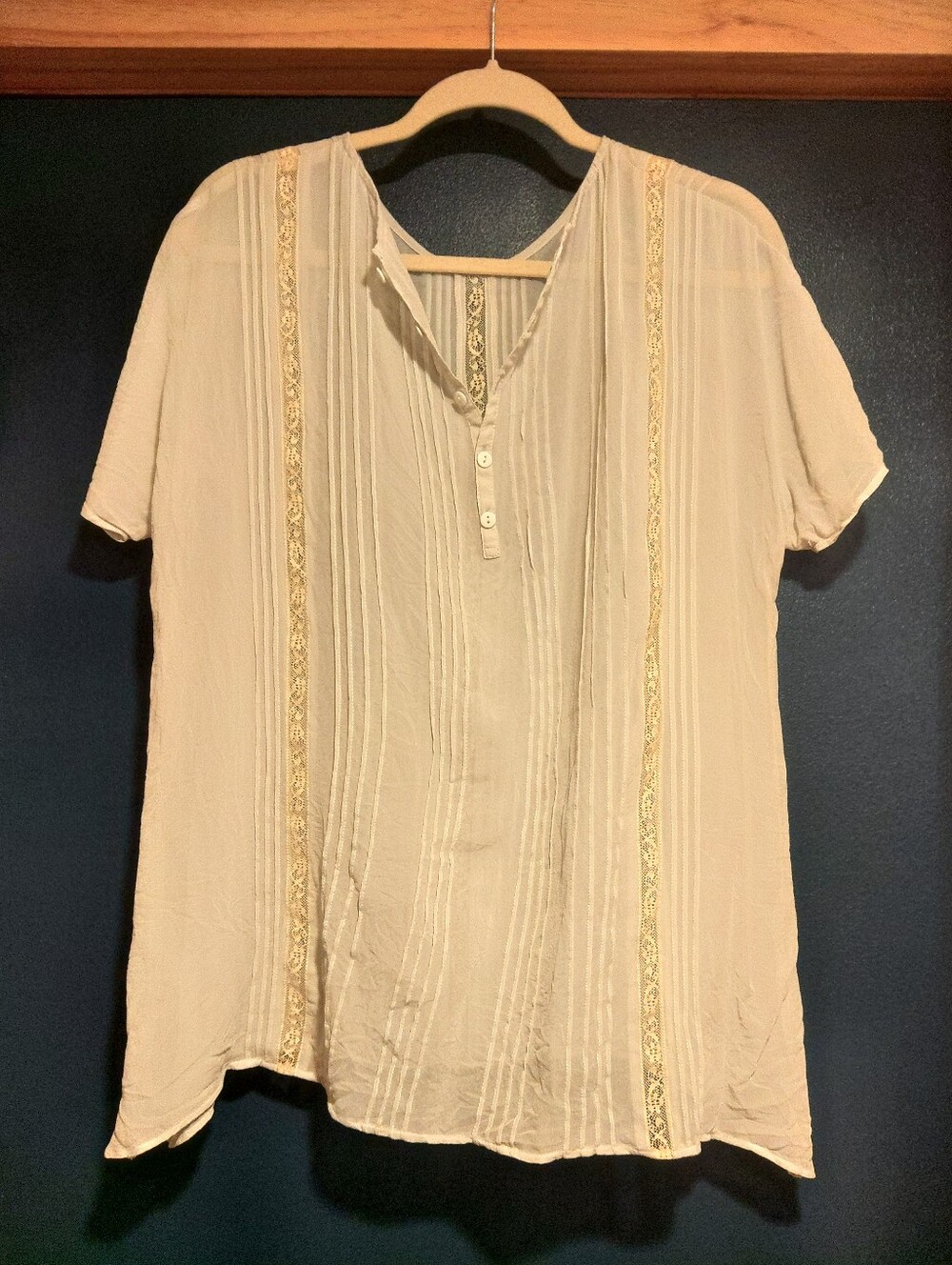 Gold Hawk Silk And Lace Blue And White Sheer Henley Top